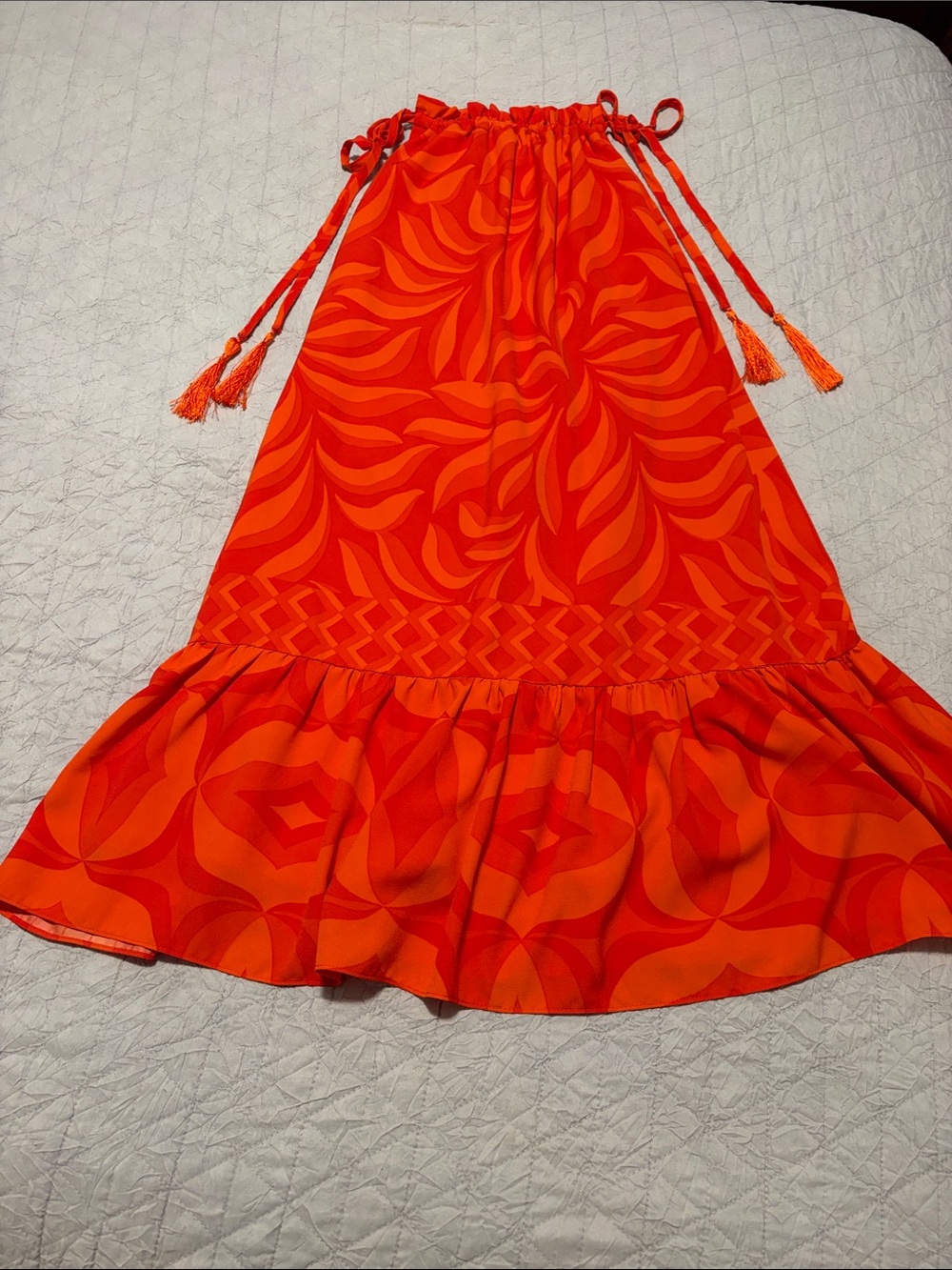 Taylor Bright Orange Patterned Midi Dress with Tassel Straps